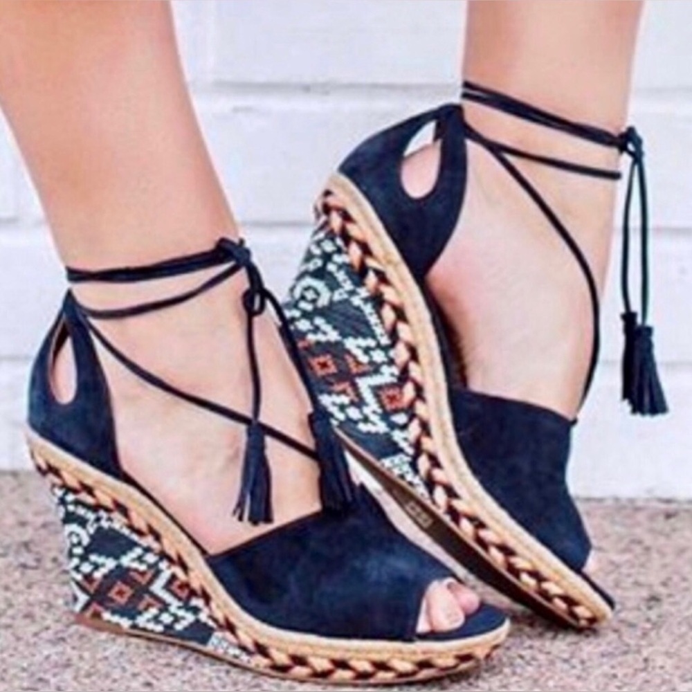 CAbi Isla Espadrille Wedge Suede Tassel Tie Sandal